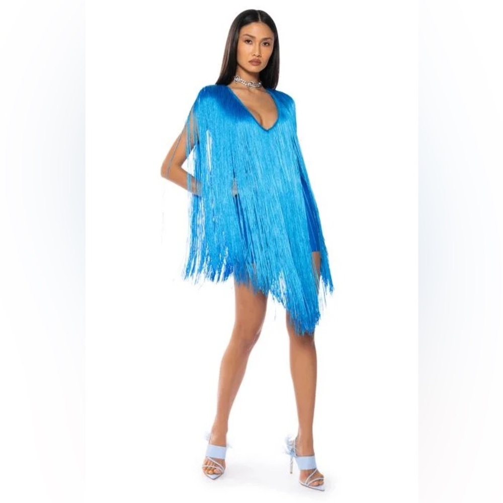 STEVIE DEEP V BANDAGE WITH FRINGE MINI DRESS IN BLUE from shop Akira